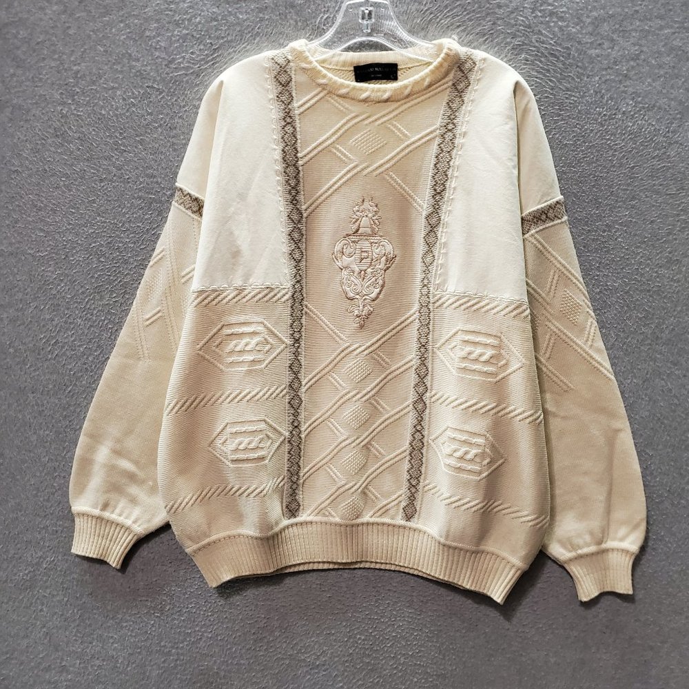 Vintage Vittorio Rocchetti Men Sweater Large Beige 100 Wool Embroidered 90s
